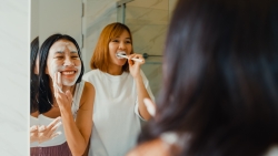 teenagers doing morning hygiene routine