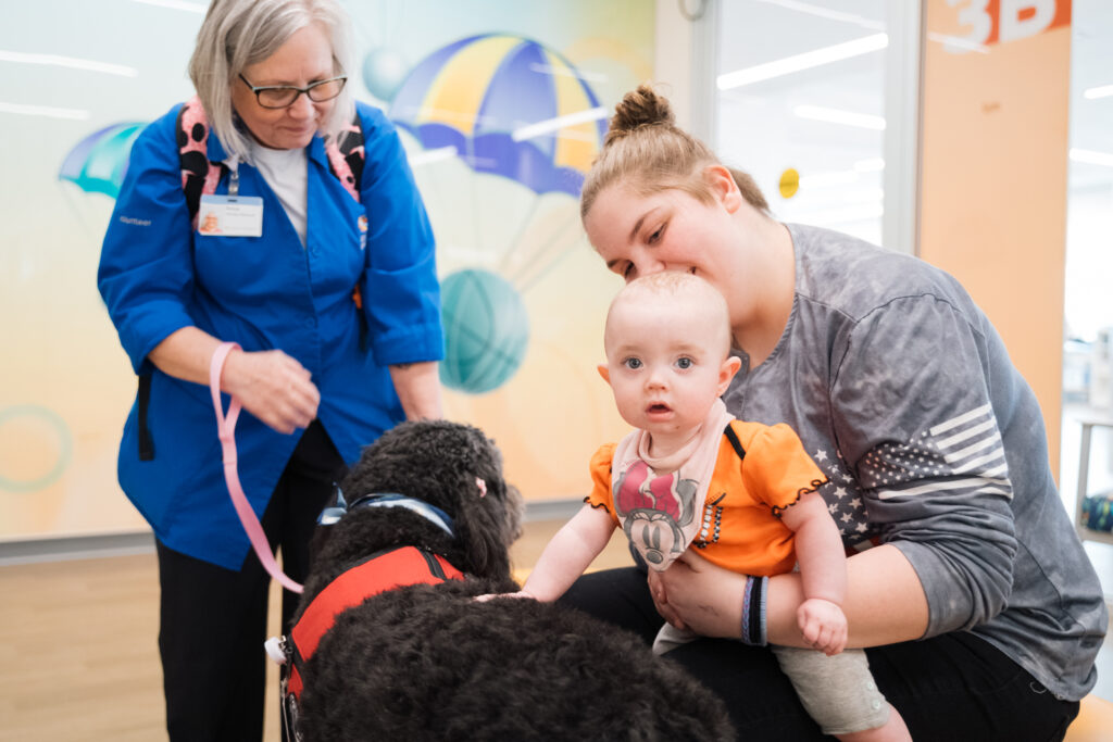 A hospital volunteer helps a child pet a therapy dog, showing the emotional support volunteers provide in pediatric care.