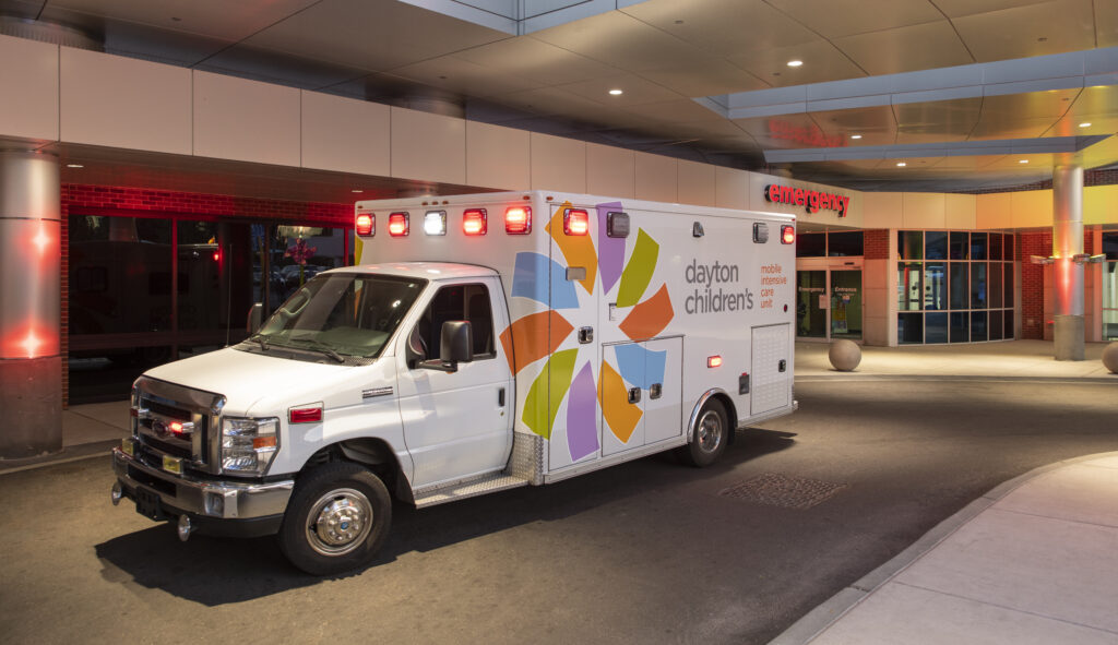 Dayton Children’s Mobile Intensive Care Unit, a specialty outfitted ambulance for transporting patients to and from Dayton Children’s to other Dayton Children’s locations or other hospitals.