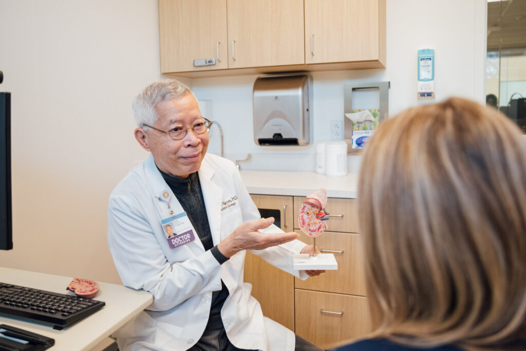 Urology doctor holding a model kidney explaining kidney condition to patient in a clinic room.

