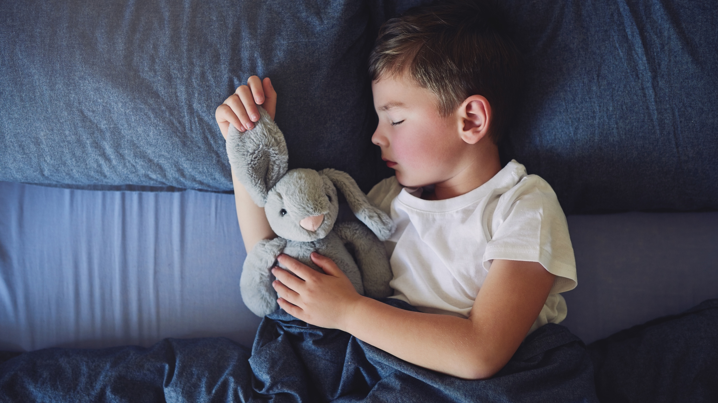 A young boy is sleeping on his side in bed, holding a gray stuffed rabbit