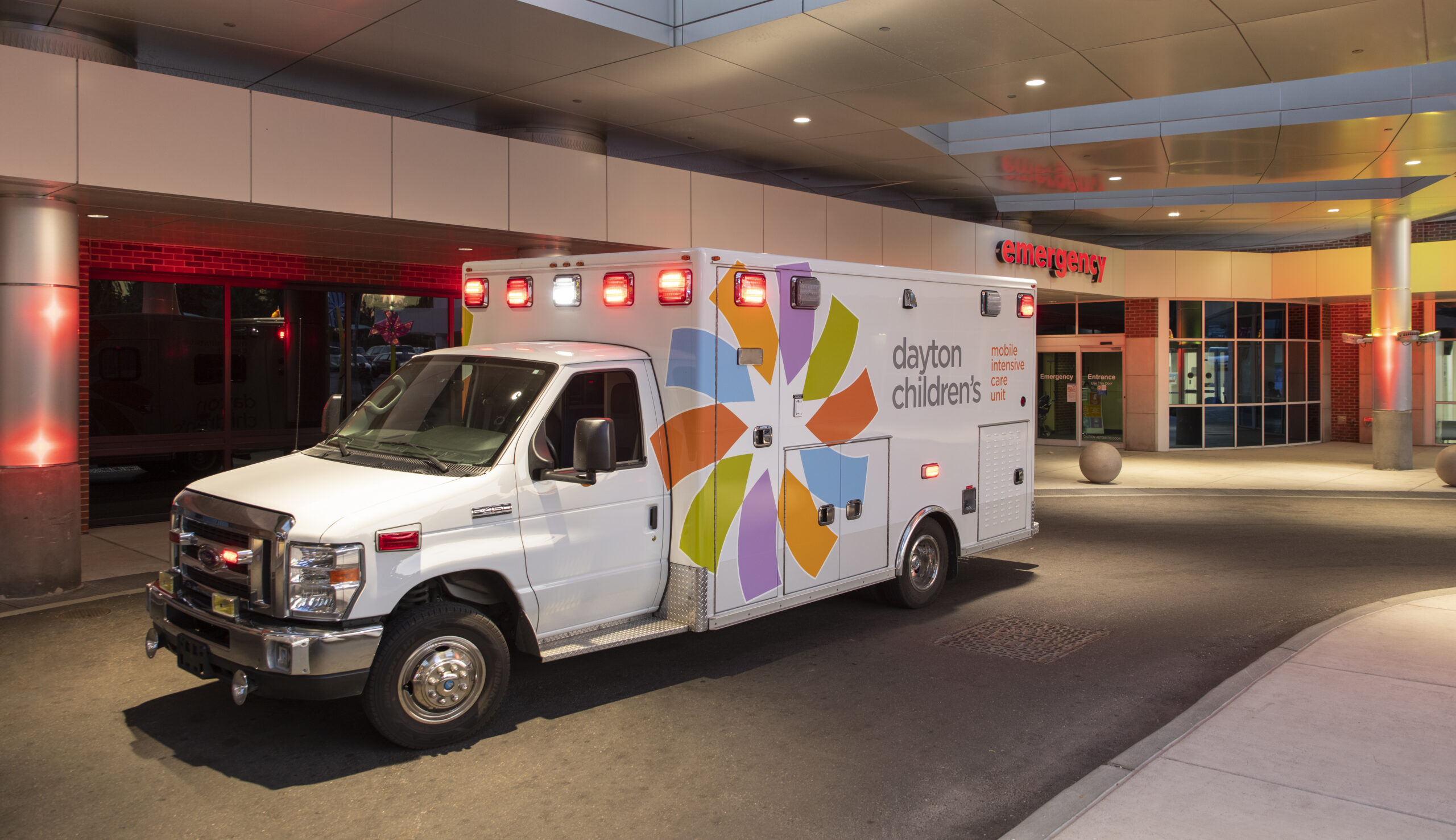 A Mobile Intensive Care Unit ambulance sitting outside Dayton Children’s Emergency Department.