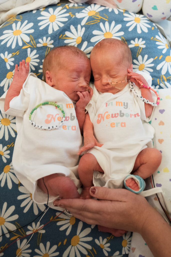 twin newborn babies in Dayton Children's NICU bed at Kettering Health.