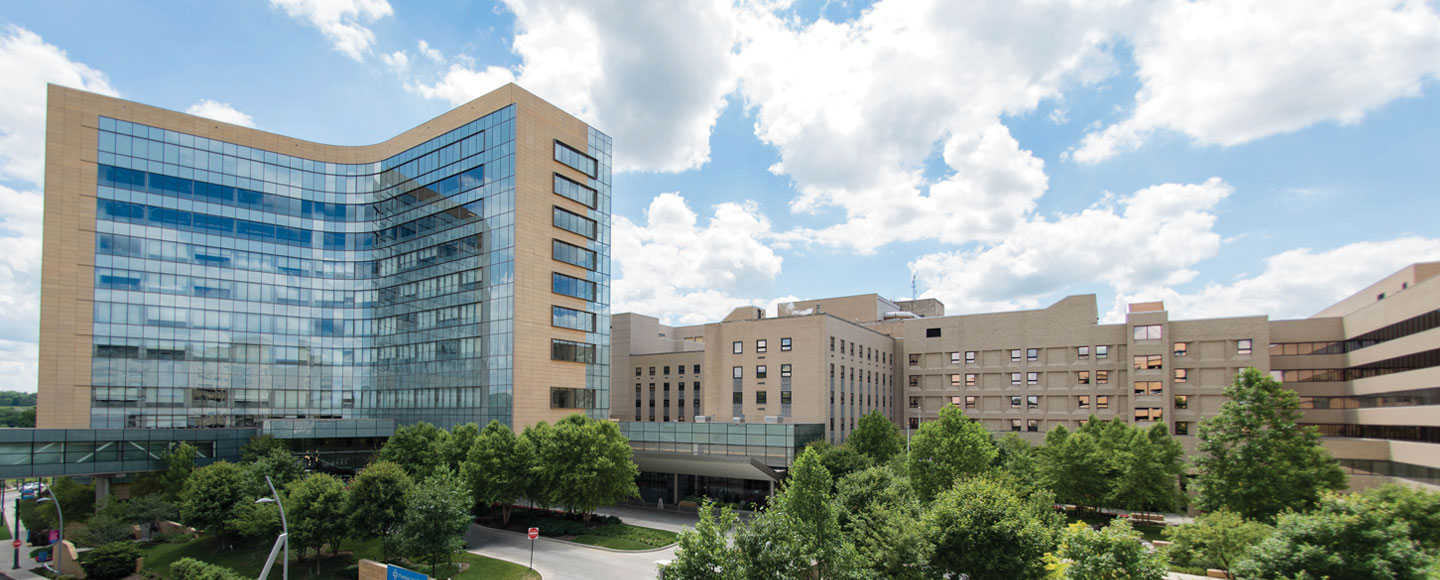 A large, curved glass and stone hospital building stands next to an older, flatter hospital wing, both surrounded by green trees under a blue sky with white clouds.
