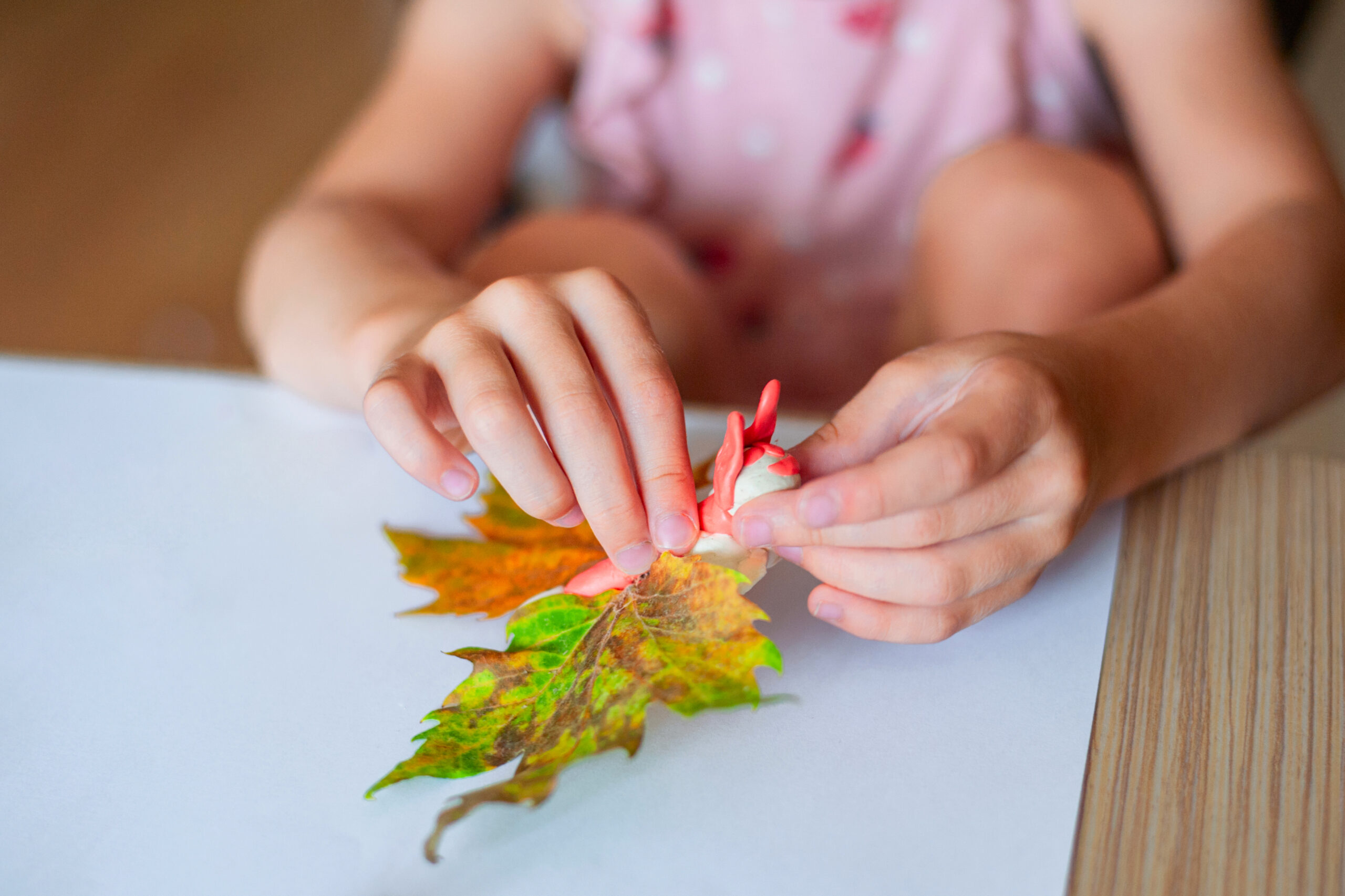 a little girl makes a nature craft from leaves
