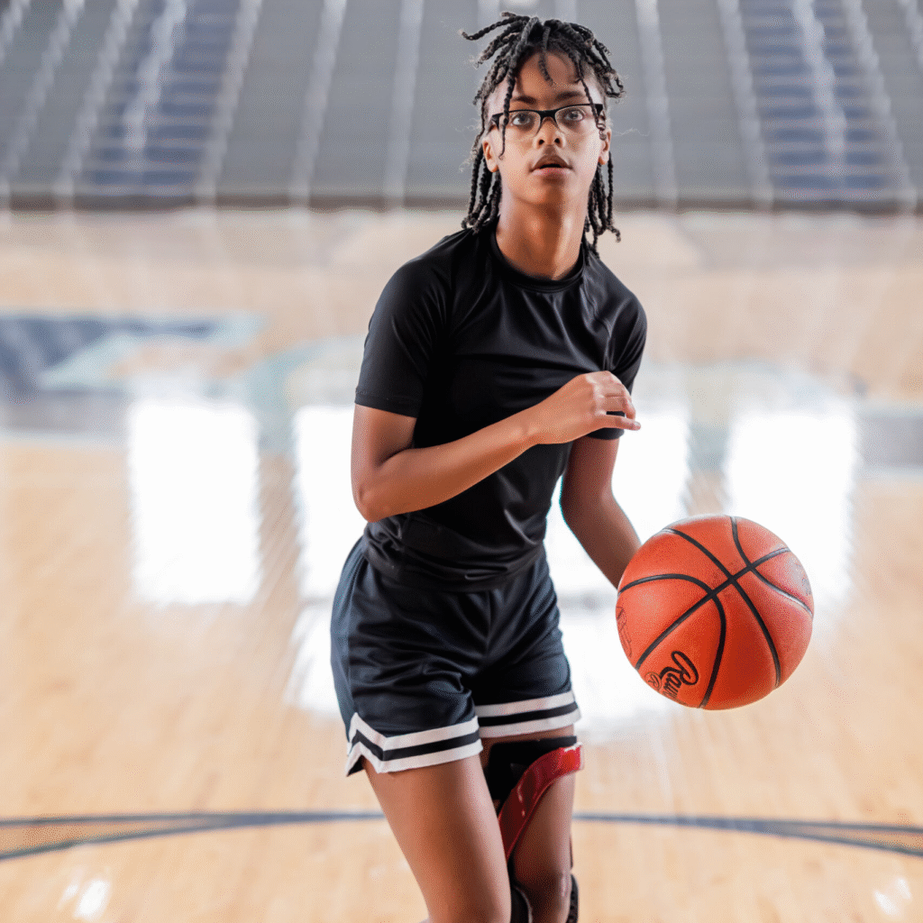 Kamyah dribbles a basketball while wearing a leg brace after her torn ACL was healed.