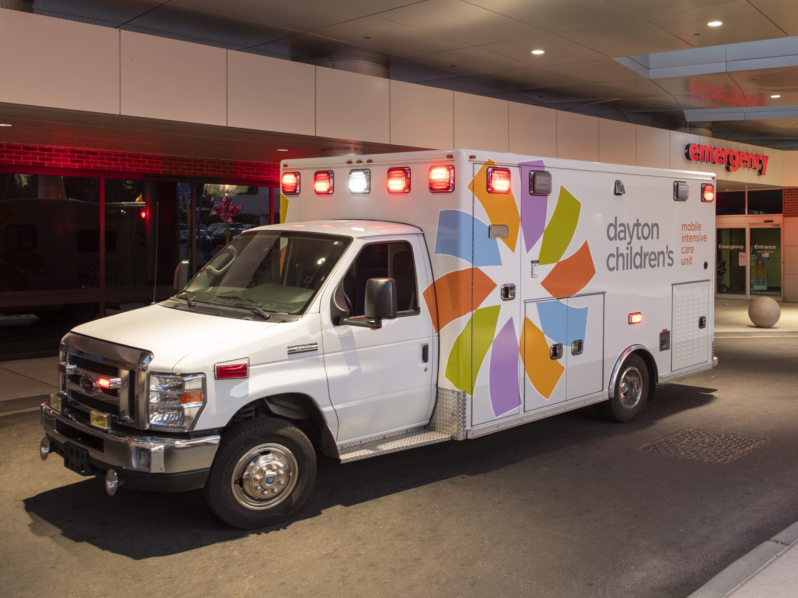 Dayton Children’s Mobile Intensive Care Unit, a specialty outfitted ambulance for transporting patients to and from Dayton Children’s to other Dayton Children’s locations or other hospitals.
